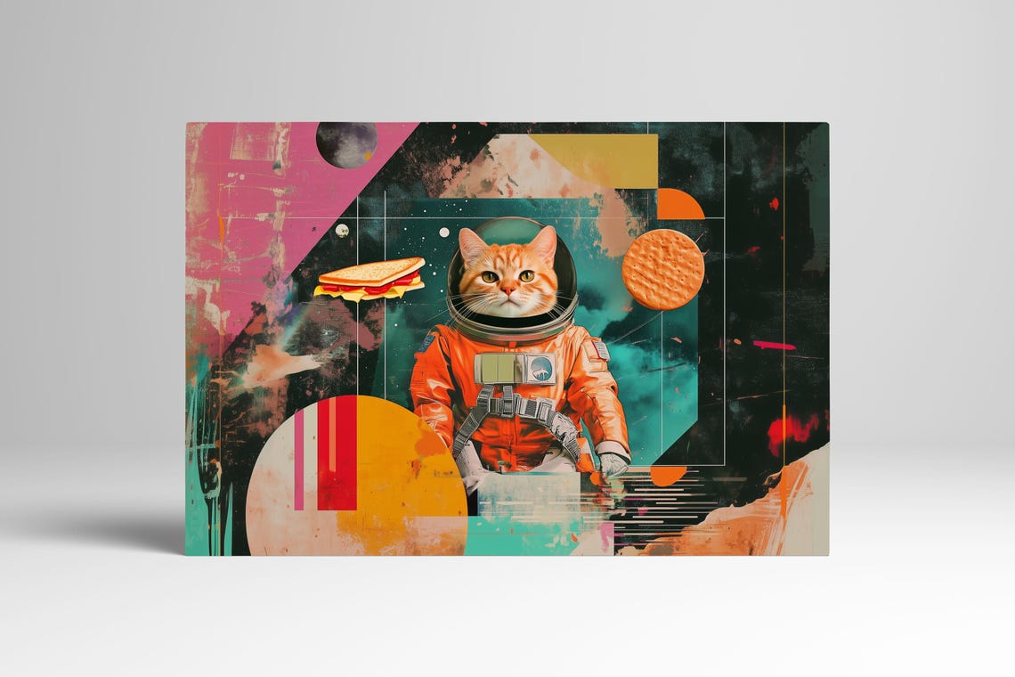 Orange Cat Astronaut Collage With Floating Sandwich and Planets Poster - Image 3