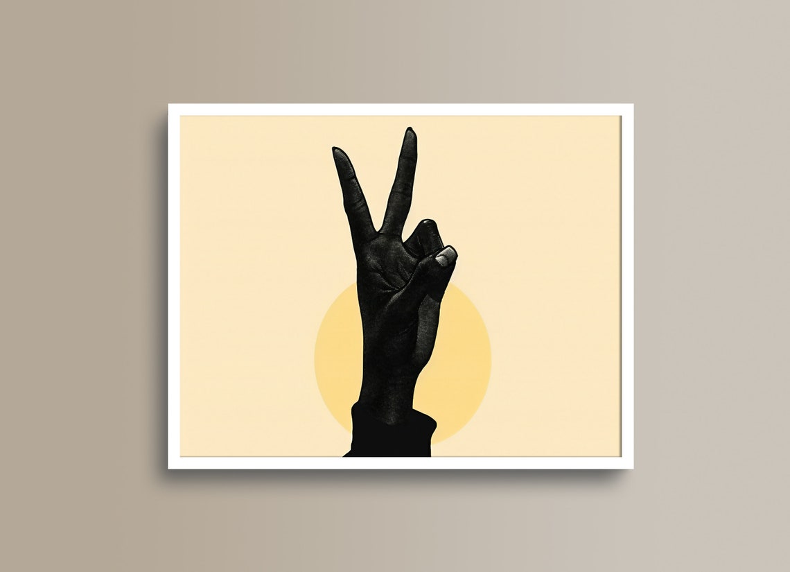Black Hand Peace Sign on Cream With Yellow Sun Minimalist Poster - Image 2