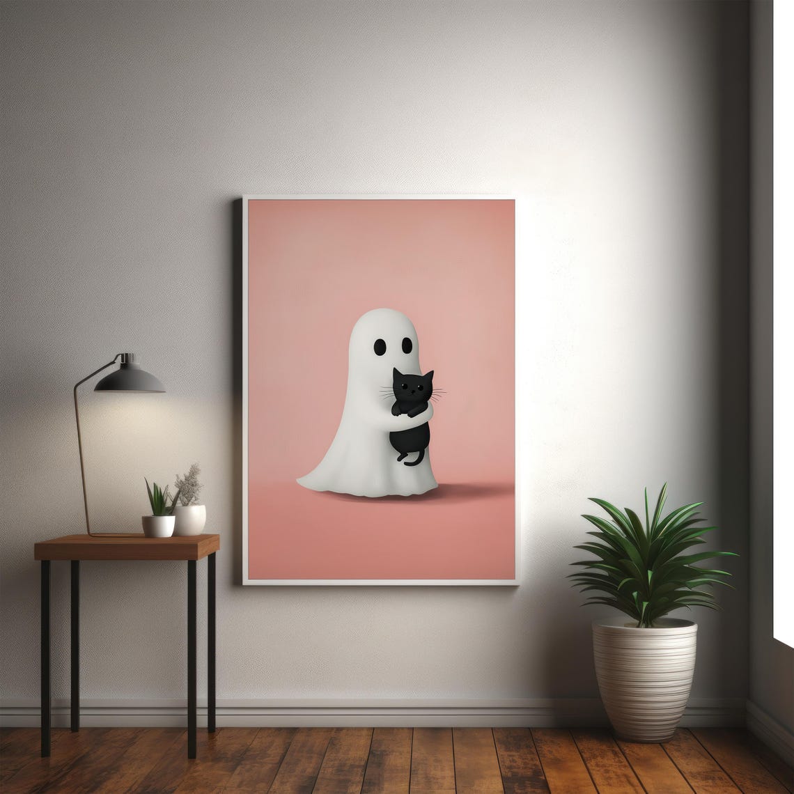 Cute Ghost With Black Cat Halloween Art Print Spooky And Adorable Wall Decor - Image 2