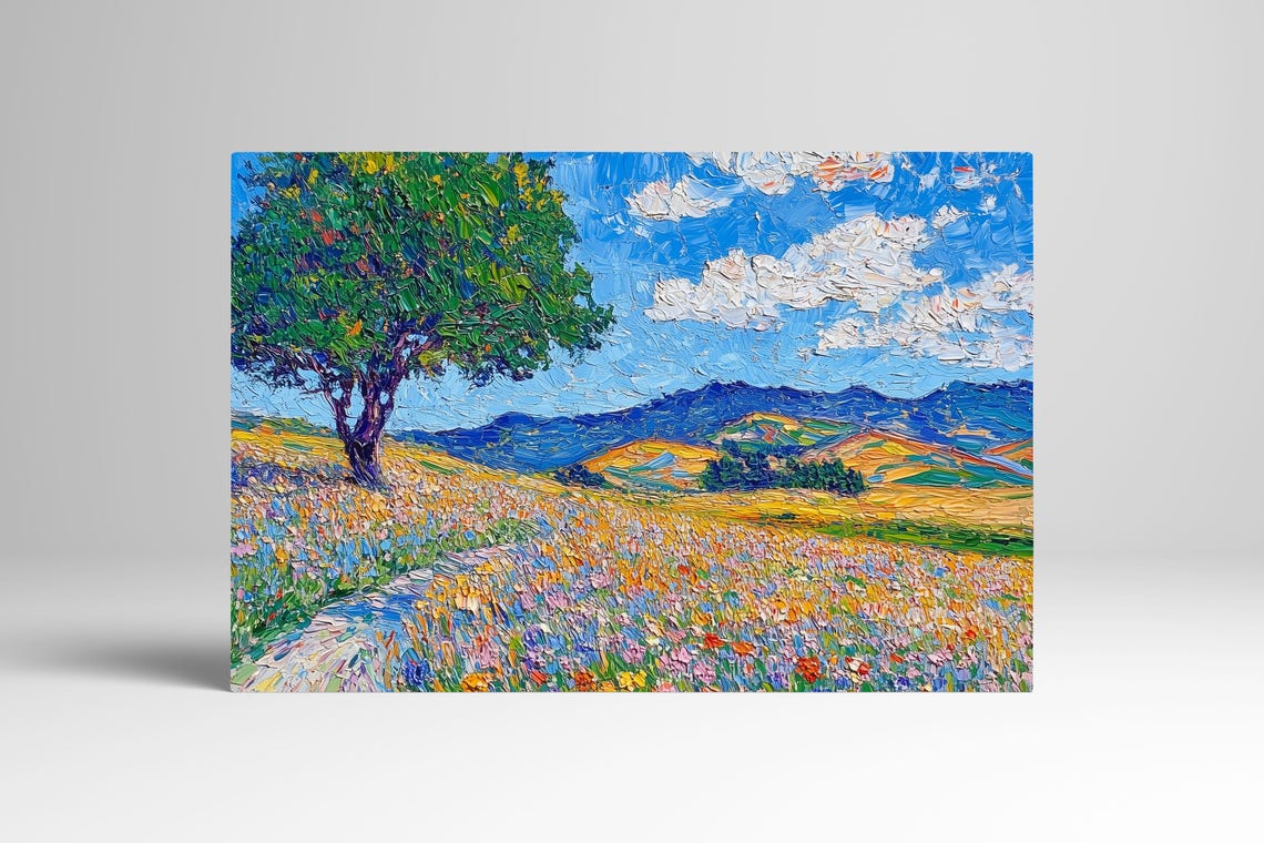 Wildflower Field With Tree and Hills Neo Impressionist Oil Poster - Image 3
