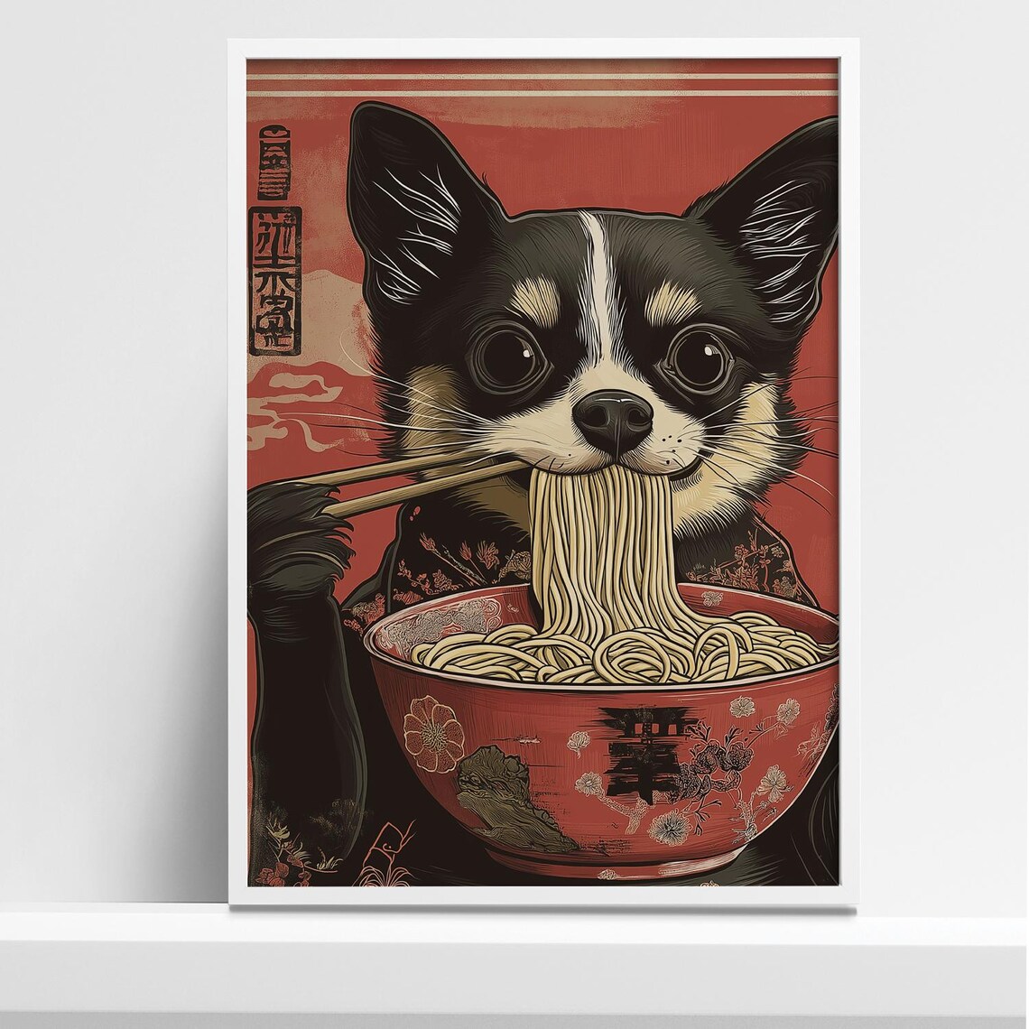 Chihuahua Eating Ramen Bowl in Japanese Woodblock Style Poster