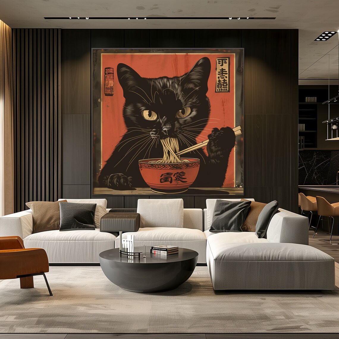 Black Cat Eating Noodles Japanese Edo Style Art Print - Image 2