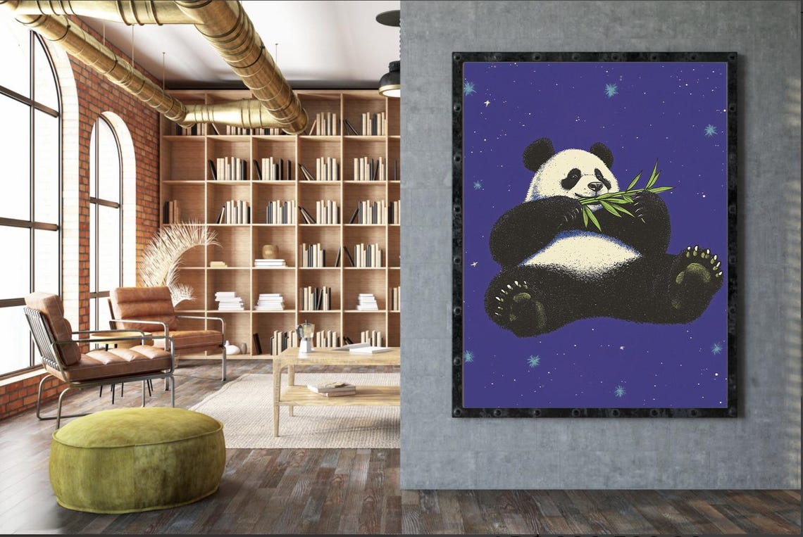 Adorable Panda Eating Bamboo Cute Animal Art Print With Starry Night Background - Image 2