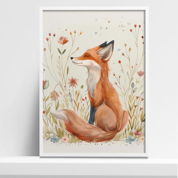 Whimsical Fox In A Floral Meadow Nursery Wall Art Woodland Animal Illustration