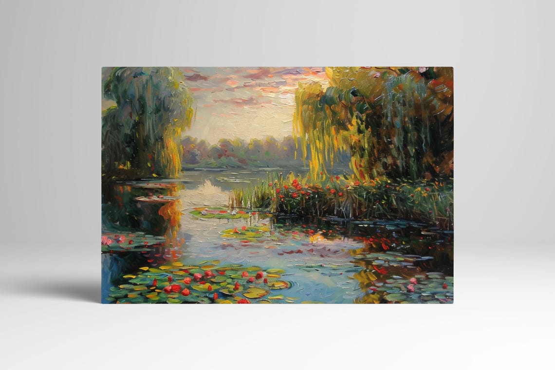 Water Lily Pond With Weeping Willows Impressionist Art Poster - Image 3