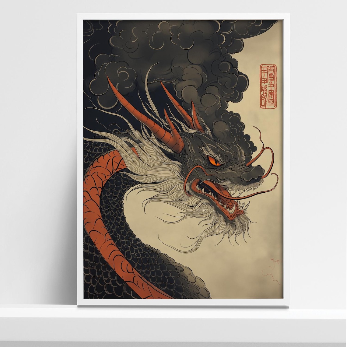 Japanese Dragon Illustration Art Print, Mythic Style