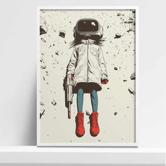 Girl With VR Helmet and Red Boots Floating in Space Debris Poster