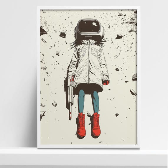 Surrealist Illustration Of A Girl With Futuristic Helmet And Red Boots Conceptual Art