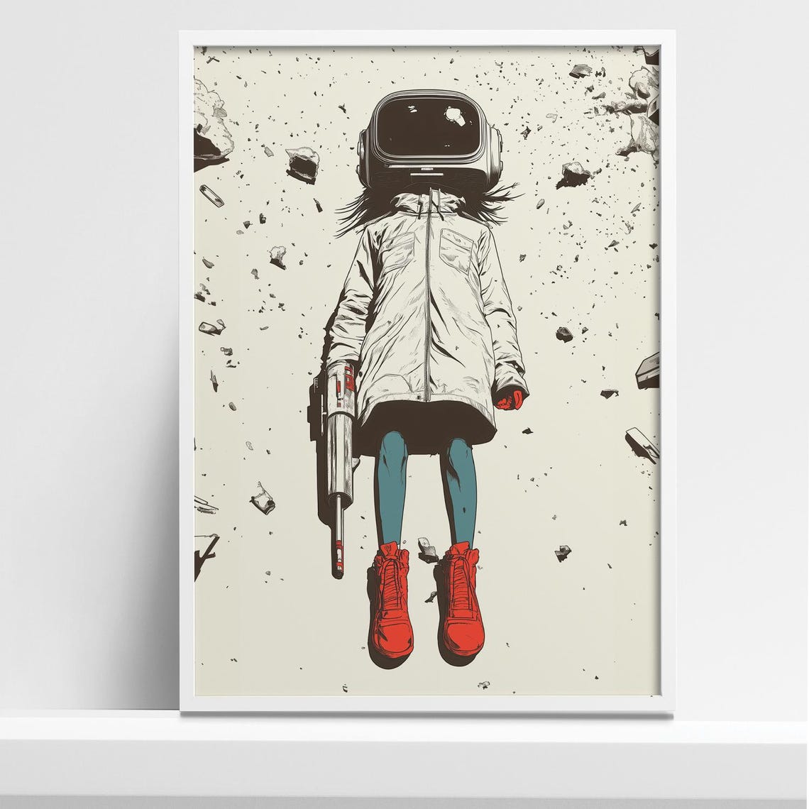 Girl With VR Helmet and Red Boots Floating in Space Debris Poster