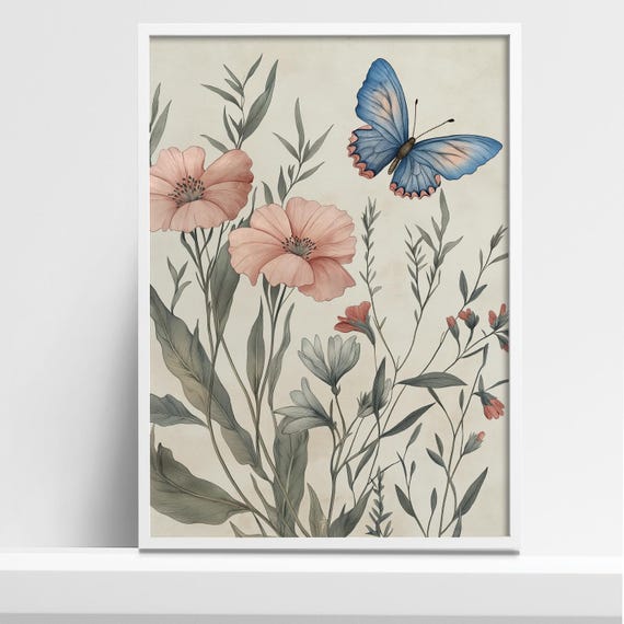Vintage Botanical Illustration Art Print Butterfly And Wildflowers In Soft Pastels Nature Wall Art