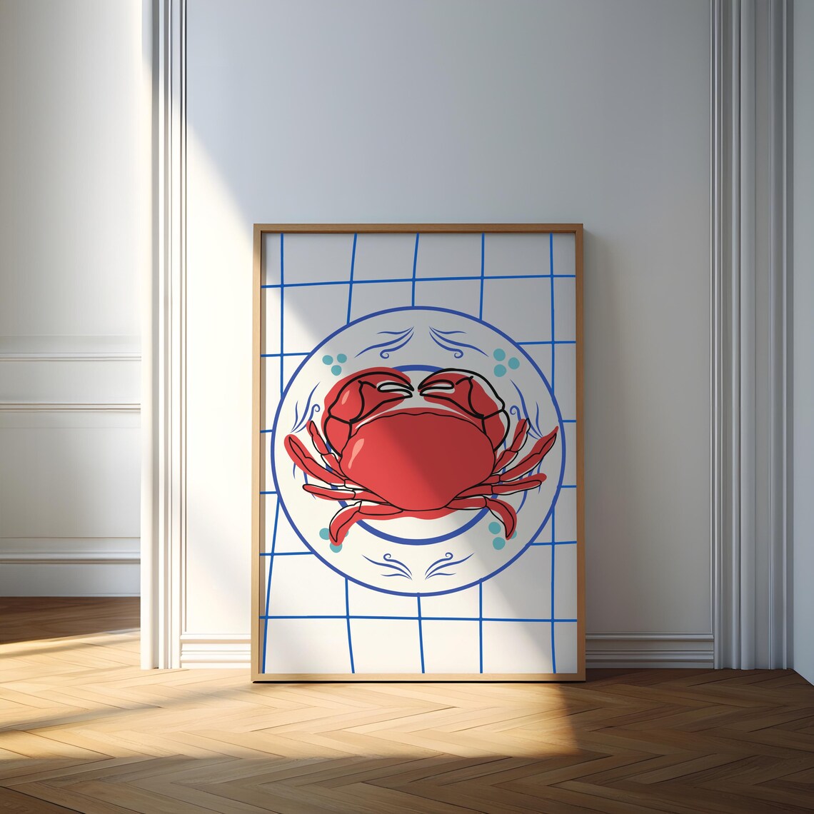 Crab Plate Print Blue Seafood Kitchen Decor Retro Crab Wall Art Gift - Image 2