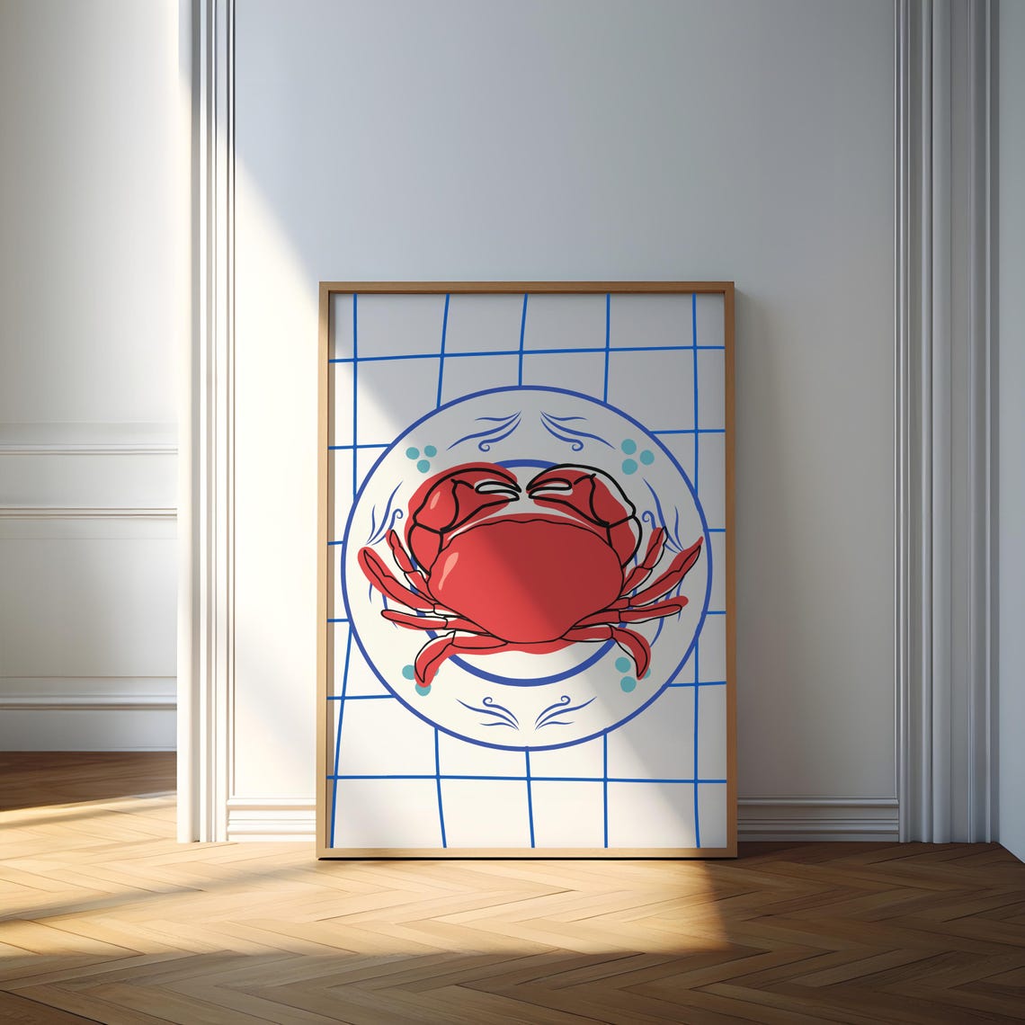 Red Crab on Blue Plate Tile Grid Bold Kitchen Seafood Poster - Image 2