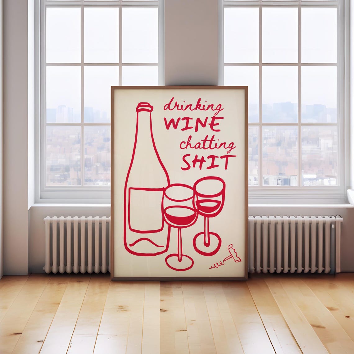 Drinking Wine Chatting Shit Red Line Drawing Funny Kitchen Poster - Image 2
