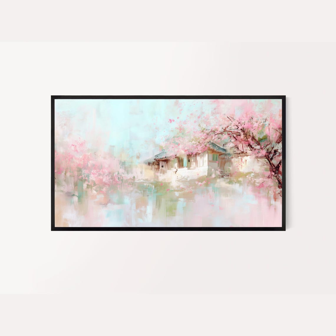 Korean Spring Abstract Pastel Cherry Blossom Misty Hanok Art Poster