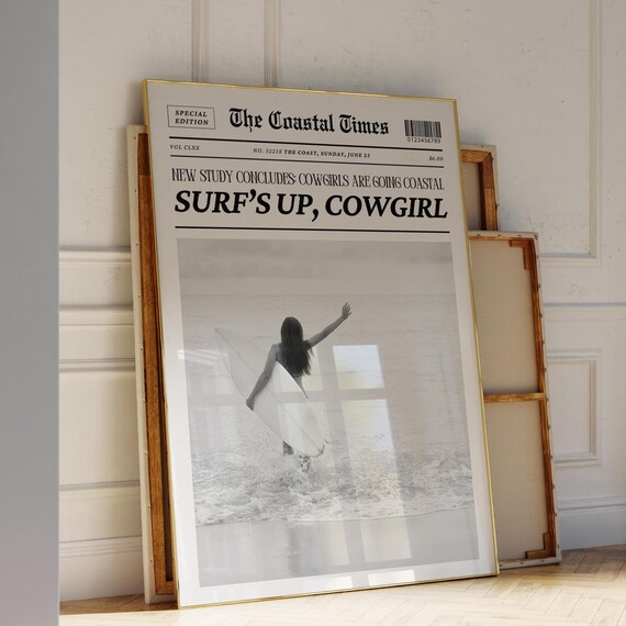 The Coastal Times Surf's Up Cowgirl Black White Newspaper Wall Art