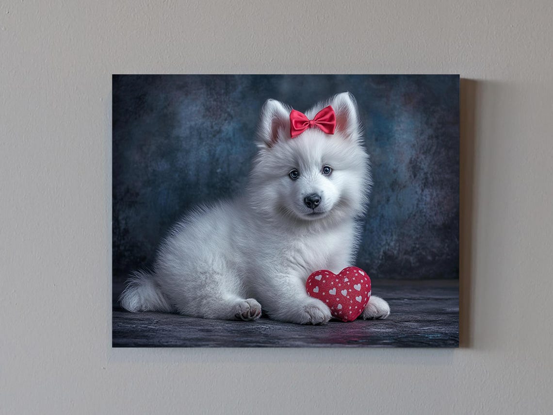Fluffy White Samoyed Puppy With Red Bow Holding Heart Art Poster