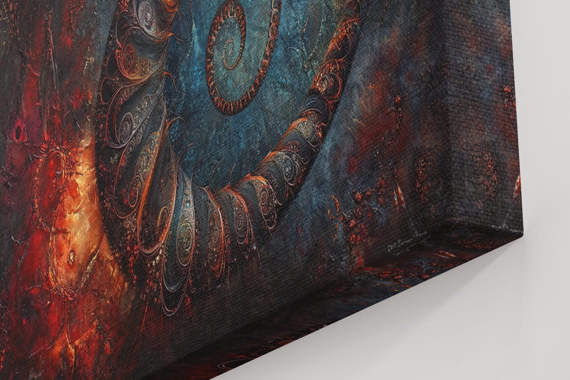 Fiery Spiral Ammonite Fossil Shell Cosmic Teal Abstract Art Poster - Image 4