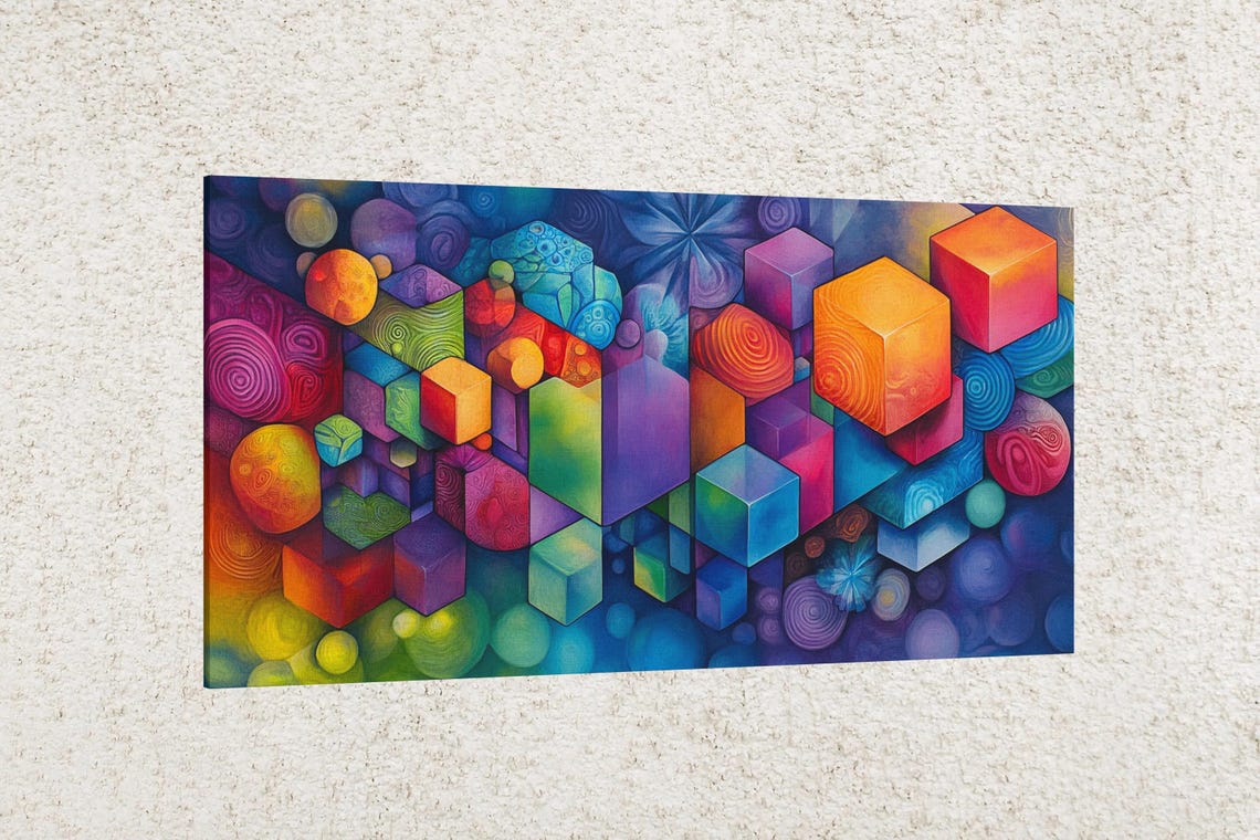 Colorful Floating Cubes And Spheres Rainbow Geometric Art Poster - Image 2