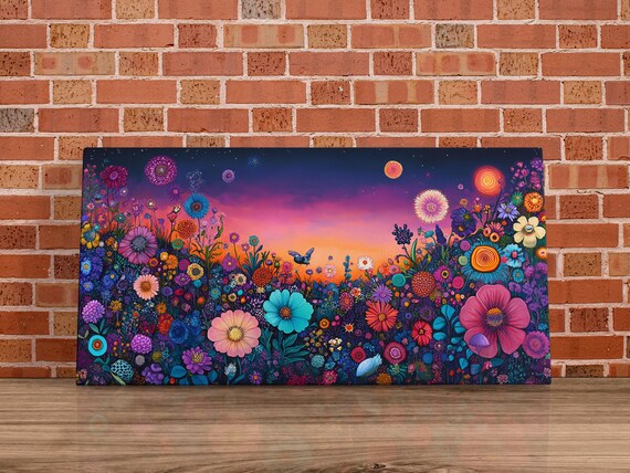 Wildflower Sunset Horizon Colorful Blooms Golden Sky Floral Art Poster