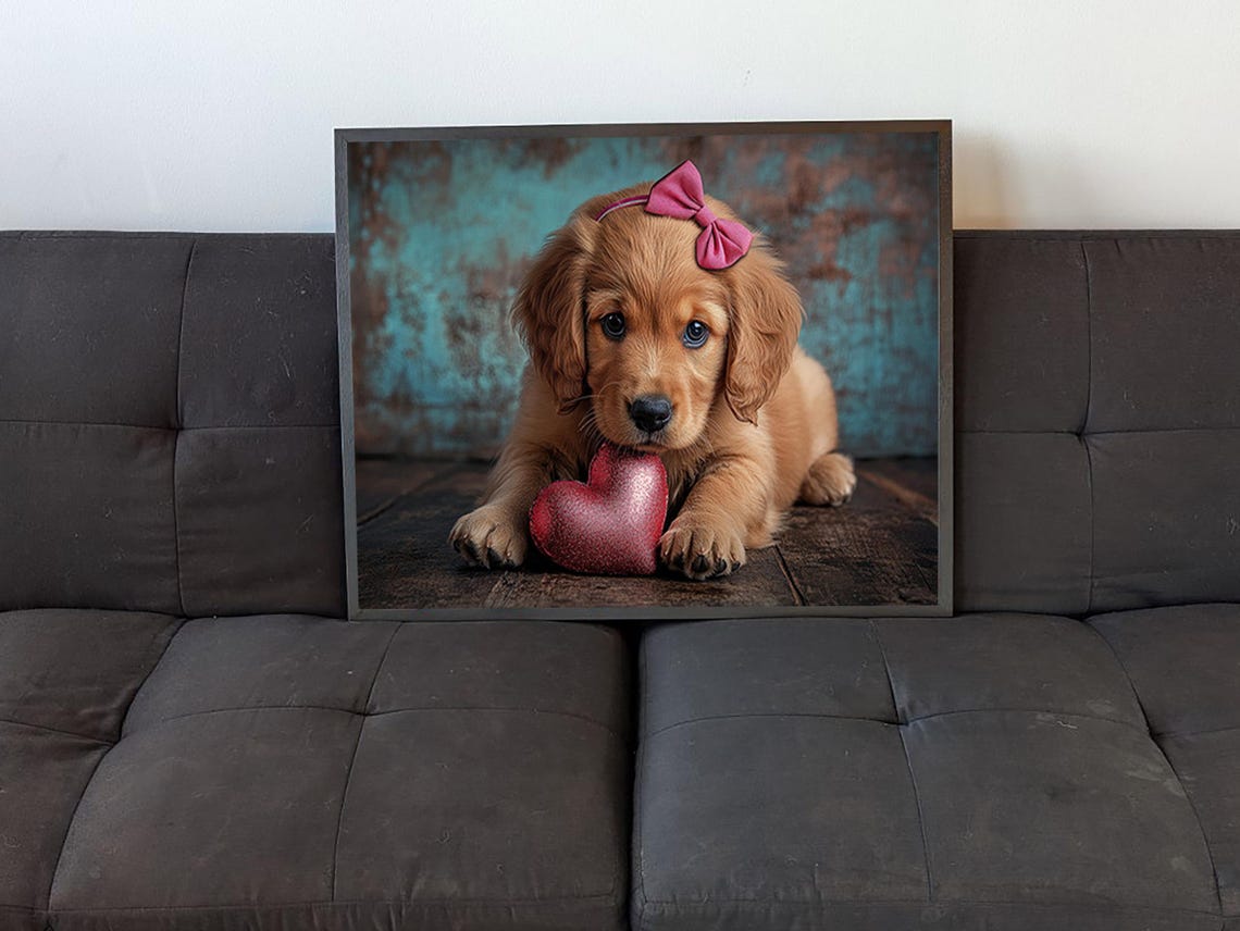 Sweet Golden Retriever Puppy With Pink Bow Holding Heart Wall Art - Image 4