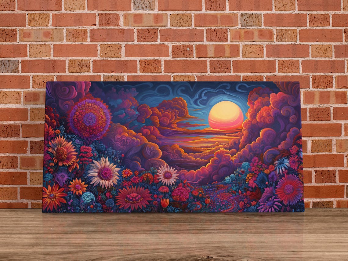 Psychedelic Sunset Wildflowers Big Moon Swirling Sky Floral Art Poster