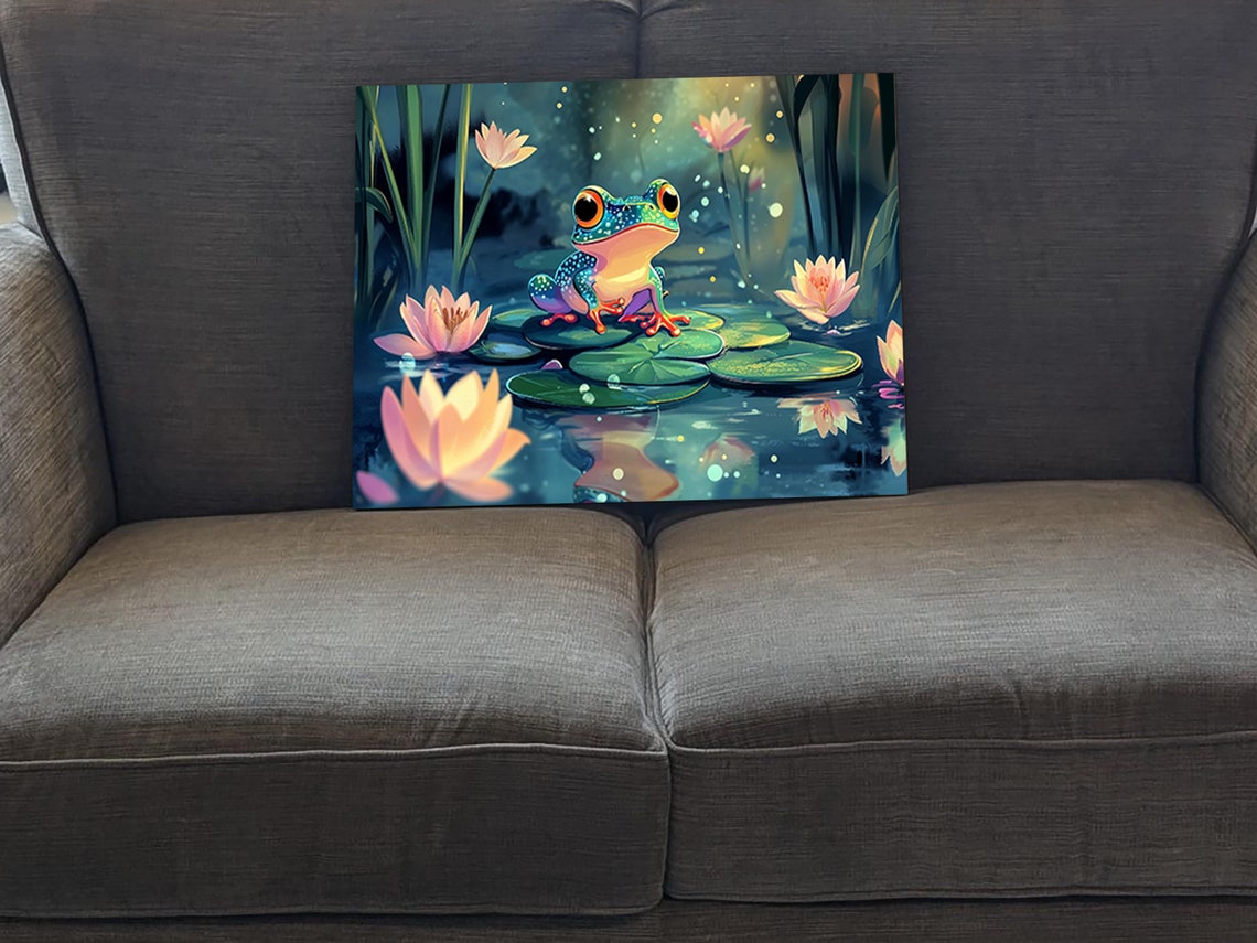 Cute Frog Rests On A Lily Pad With Flowers Around It Calm Art Art Block Print - Image 5