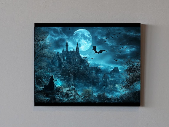Moonlit Haunted Gothic Castle Bats Blue Night Spooky Halloween Poster