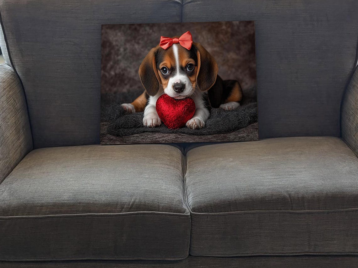 Adorable Beagle Puppy With Red Bow Holding Heart Valentines Art Poster - Image 5