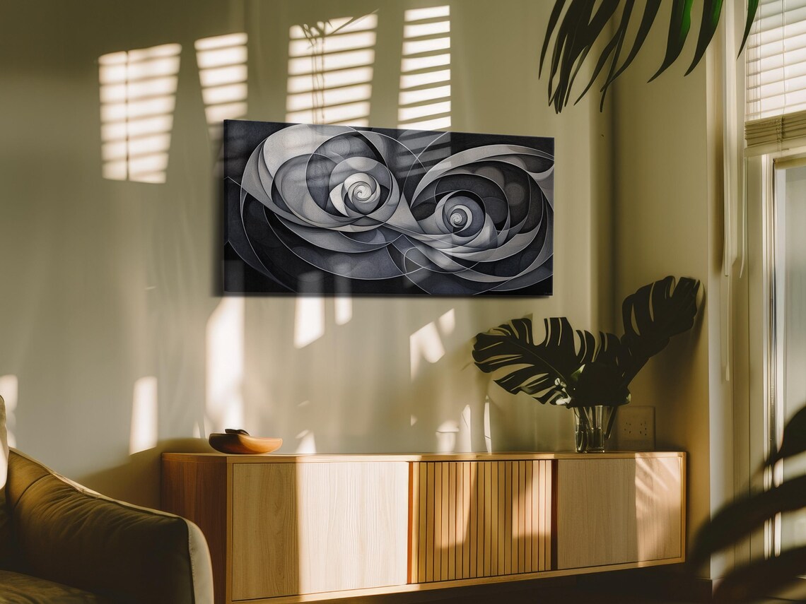 Grayscale Swirling Geometry Abstract Wall Art - Image 3