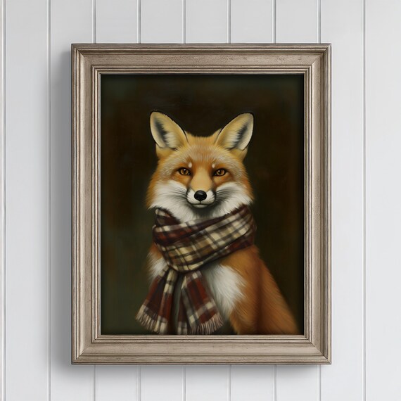 Red Fox in Plaid Scarf Portrait Painting Vintage Christmas Art Poster