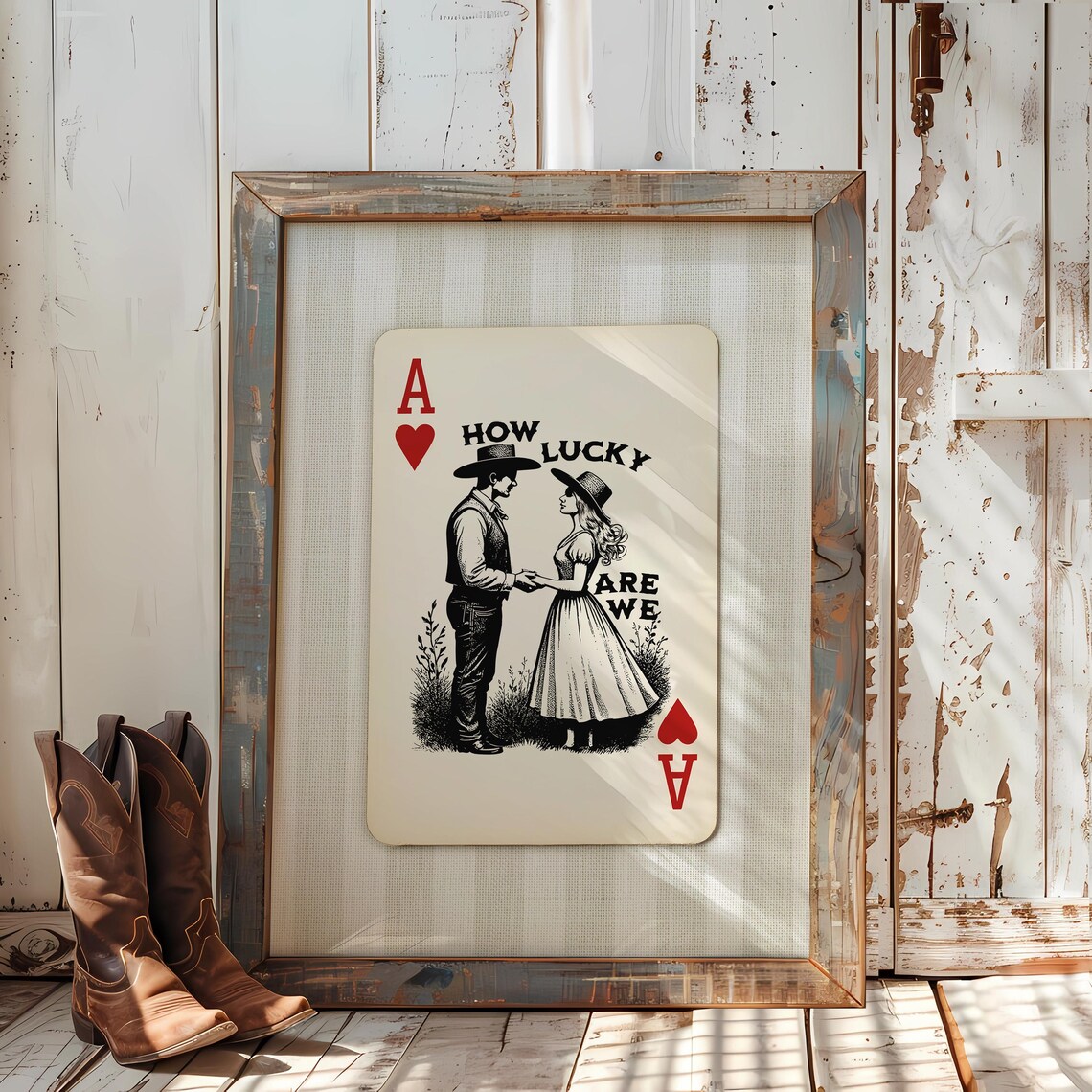 How Lucky Are We Western Couple Ace of Hearts Vintage Card Art Poster