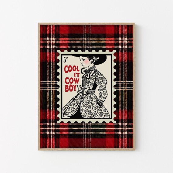Cool It Cowboy Cowgirl Postage Stamp Red Tartan Plaid Poster