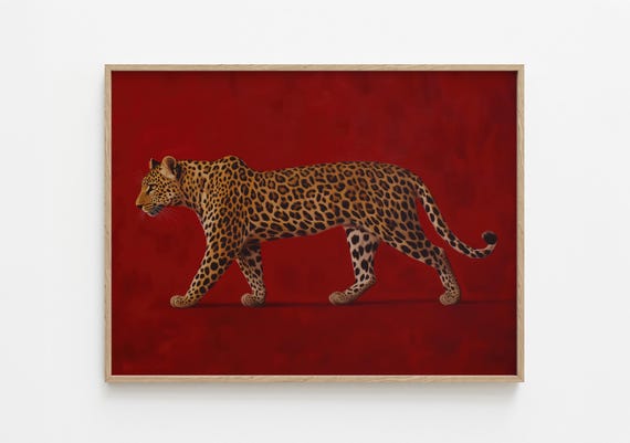 Leopard Oil Painting Print, Vintage Safari Decor