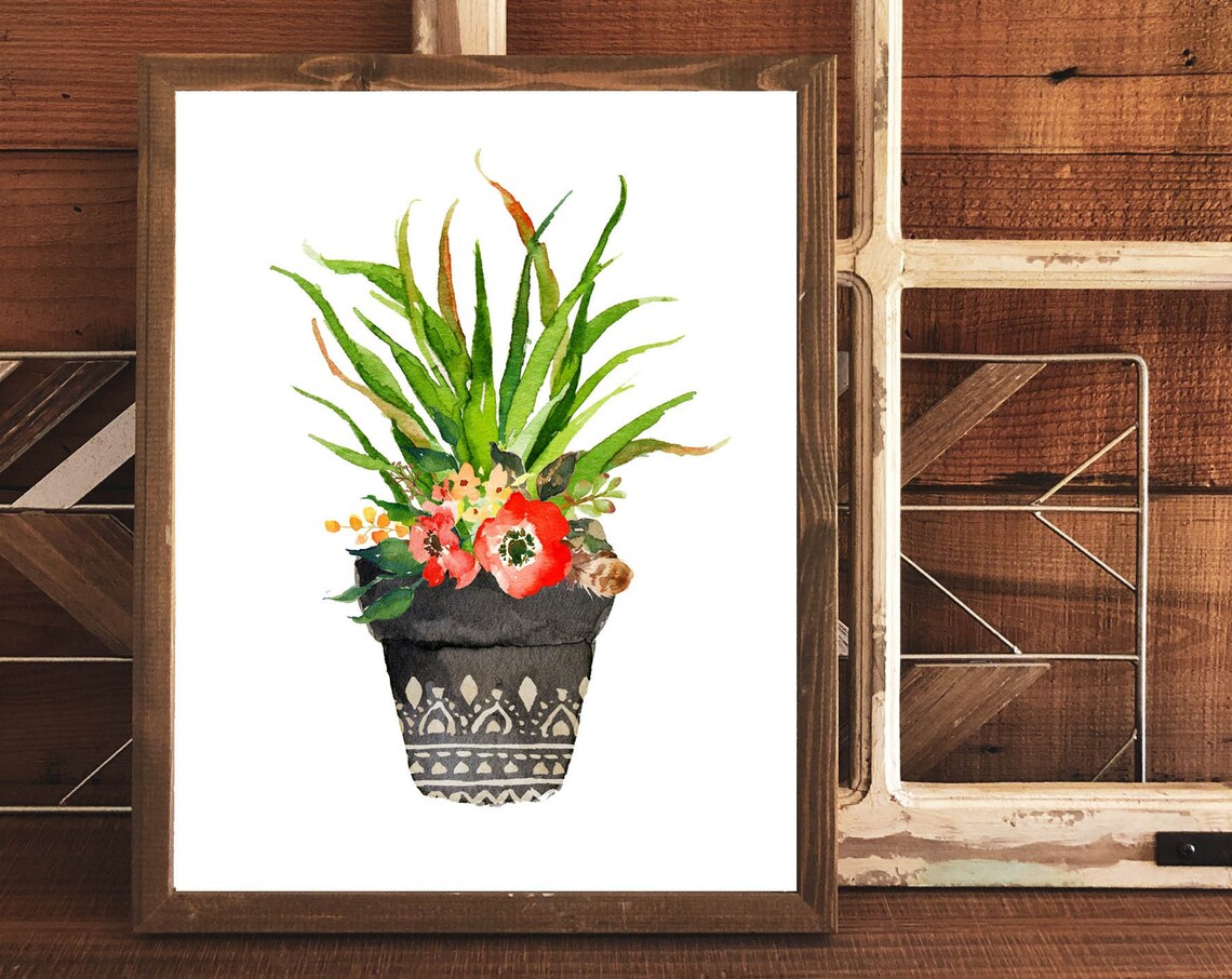 Red Poppies Potted Plant Watercolor Botanical Still Life Poster