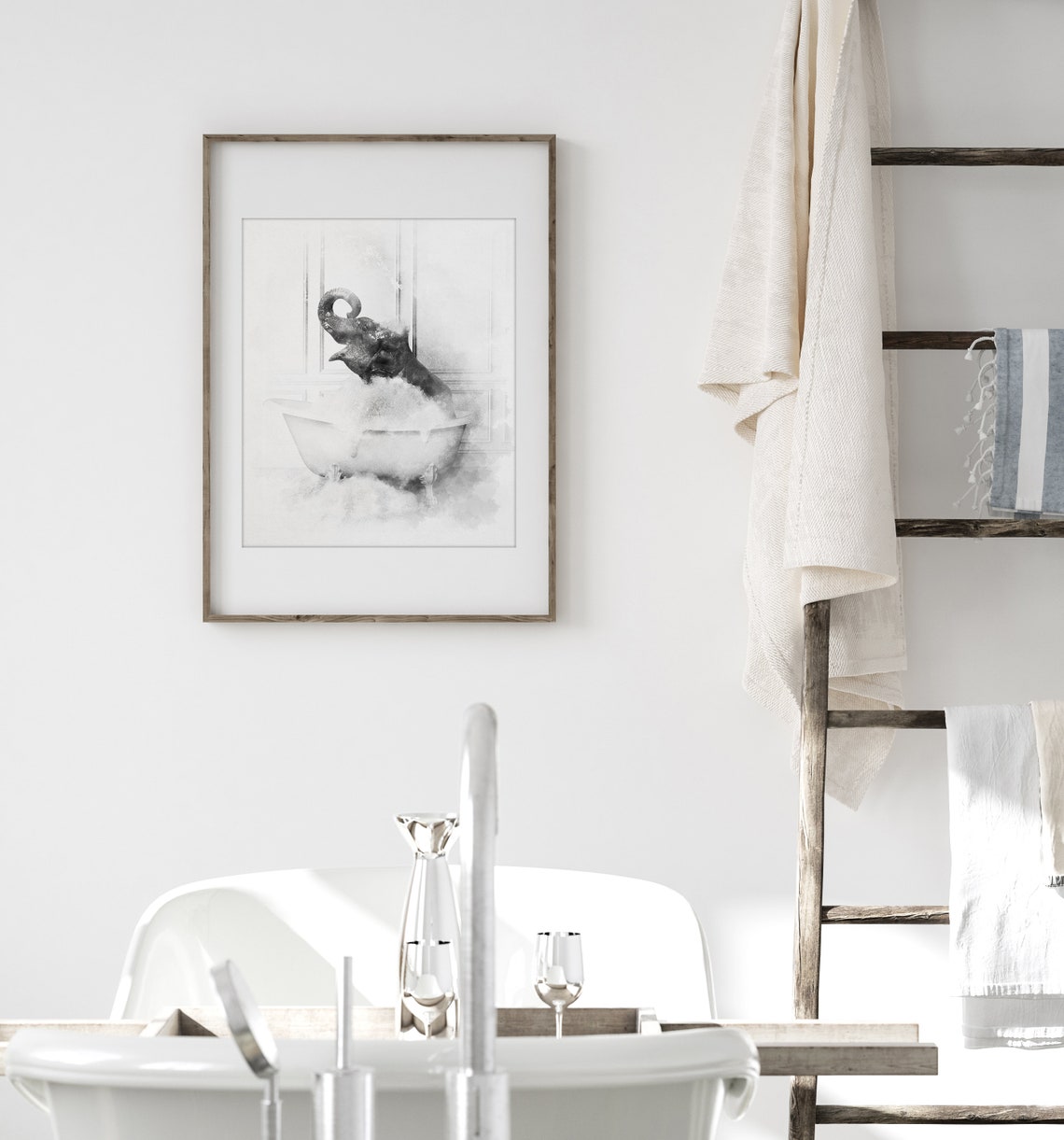 Elephant In Bathtub Black And White Whimsical Bathroom Print