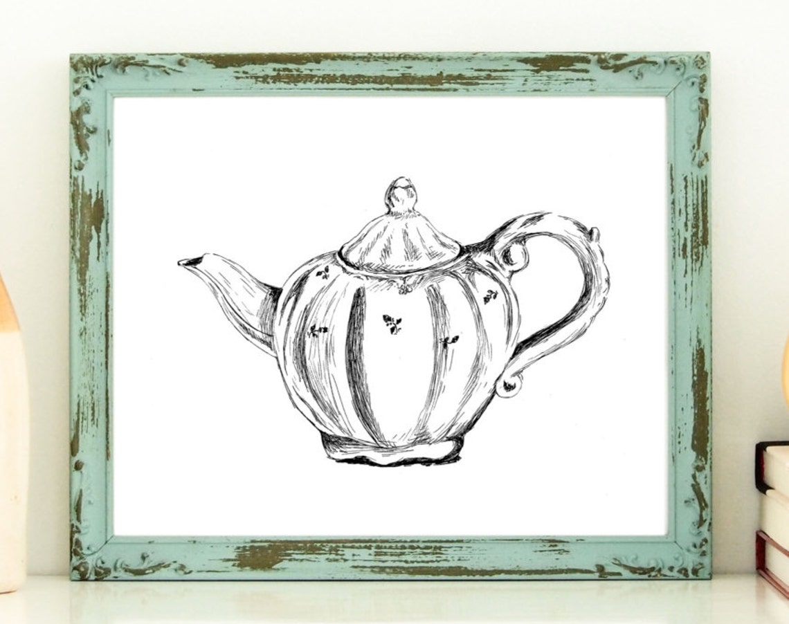Black and White Antique Teapot Ink Sketch Kitchen Decor Poster - Image 2