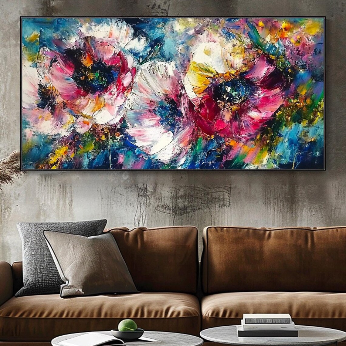Colorful Abstract Wildflowers Pink Blue Energy Impasto Floral Wall Art