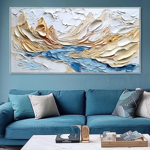 Gold Mountain Peaks Blue River 3D Textured Minimalist Art Poster