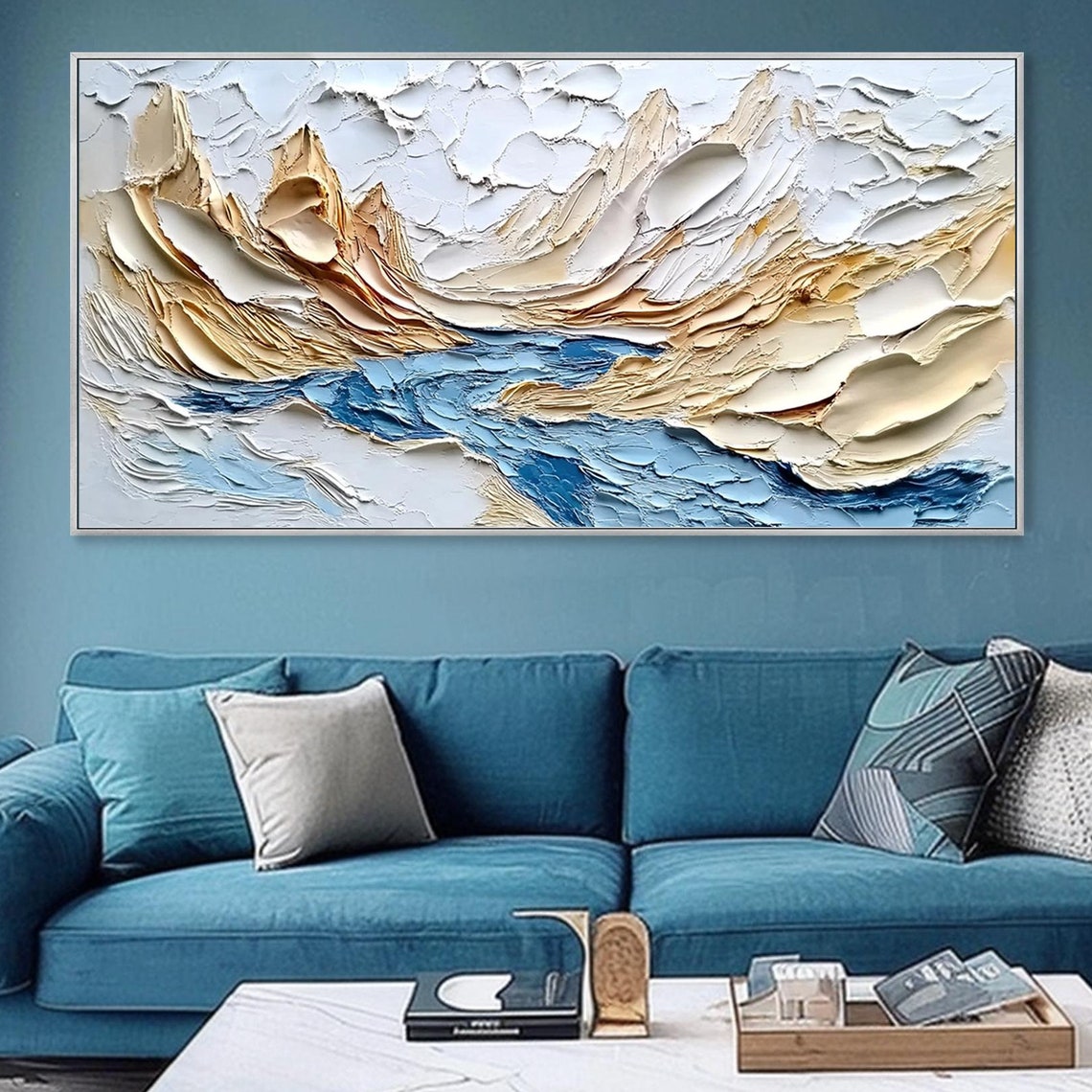 Gold Mountain Peaks Blue River 3D Textured Minimalist Art Poster