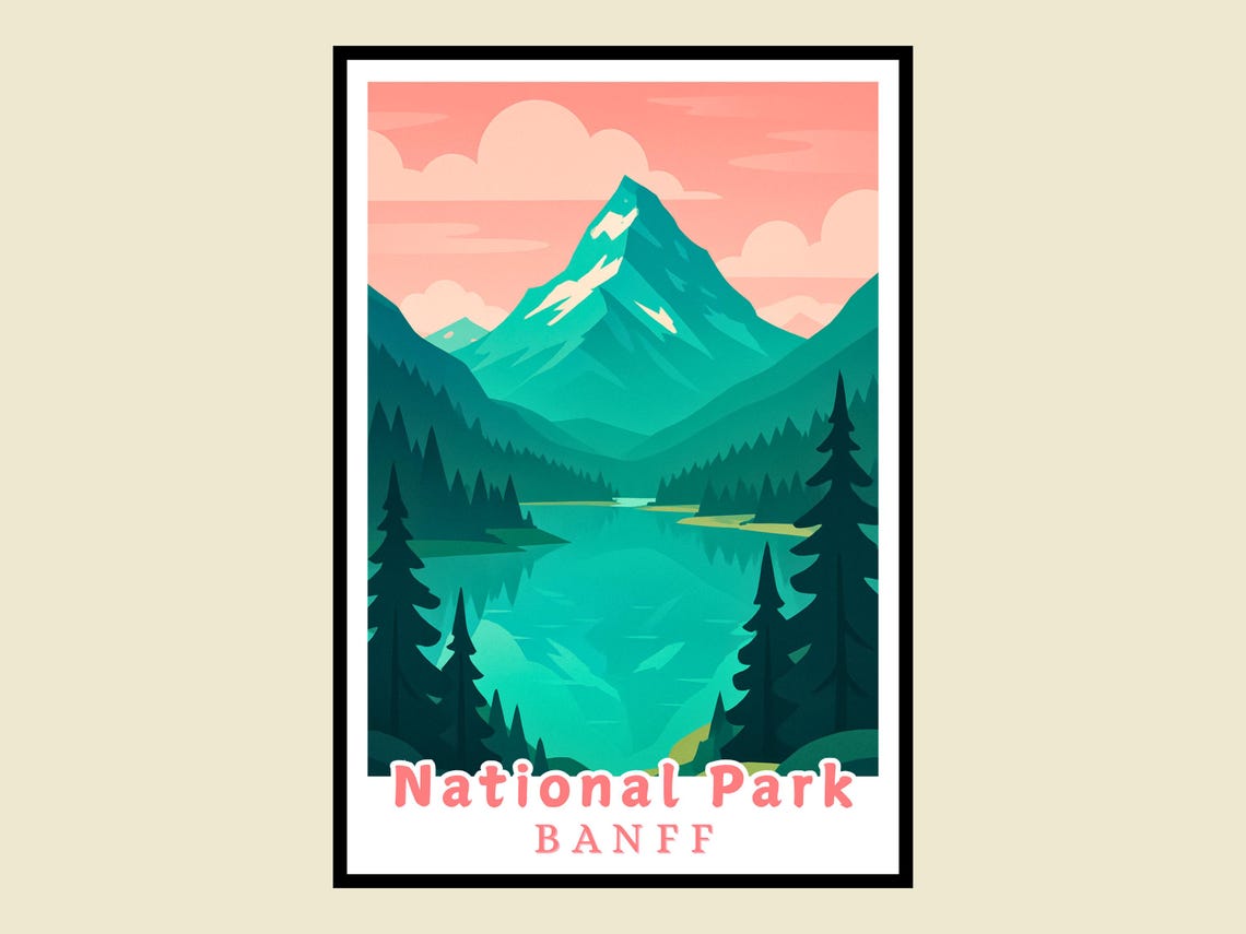 Banff National Park Canada Travel Poster Emerald Mountain Lake Peaks