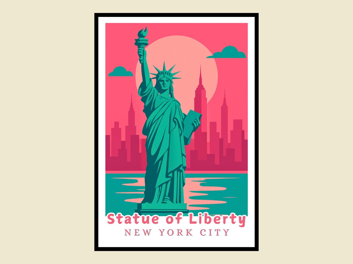 Statue Of Liberty Framed Poster New York City Travel Art Vintage Style Illustration Usa Landmark Print Decor House