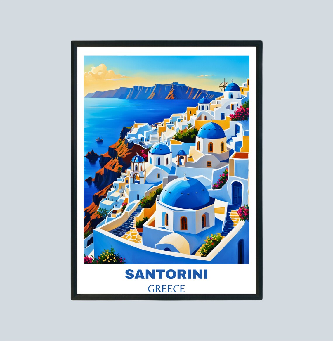 Santorini Greece Blue Domed Churches Caldera Sea View Travel Poster