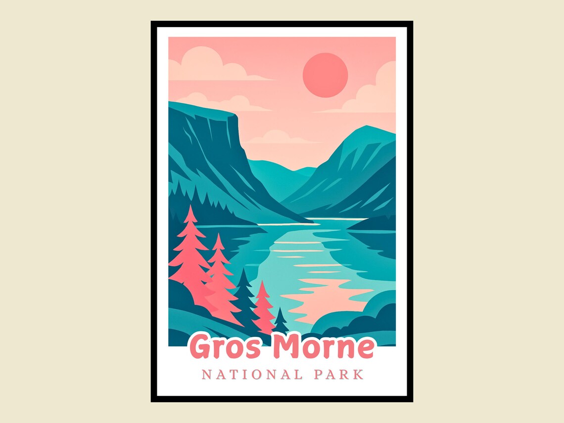 Gros Morne National Park Retro Pink Teal Fjord Sunset Travel Poster