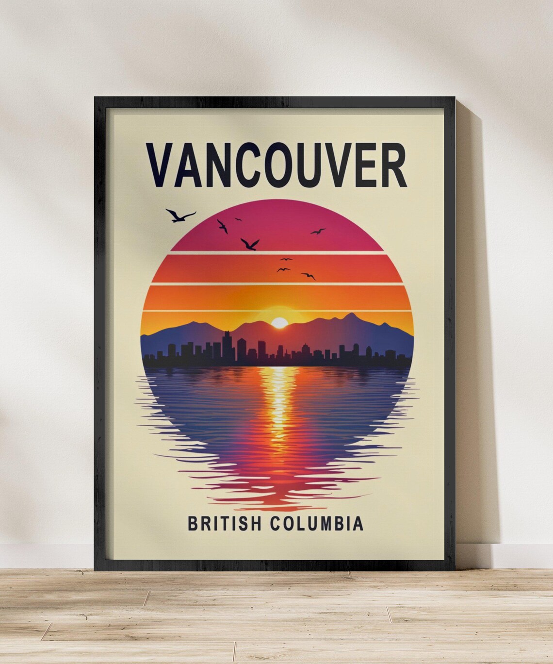 Vancouver British Columbia Sunset Skyline Over Water Retro Travel Poster - Image 2