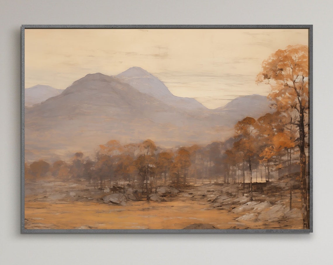 Vintage Autumn Mountain Landscape Amber Fall Trees Scenic Wall Art