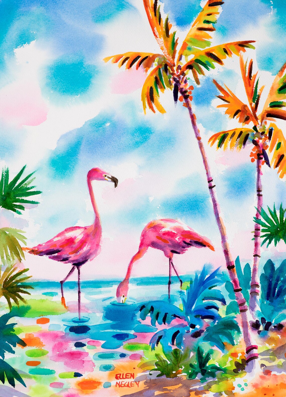 Flamingo Watercolor Print, Ellen Negley Art