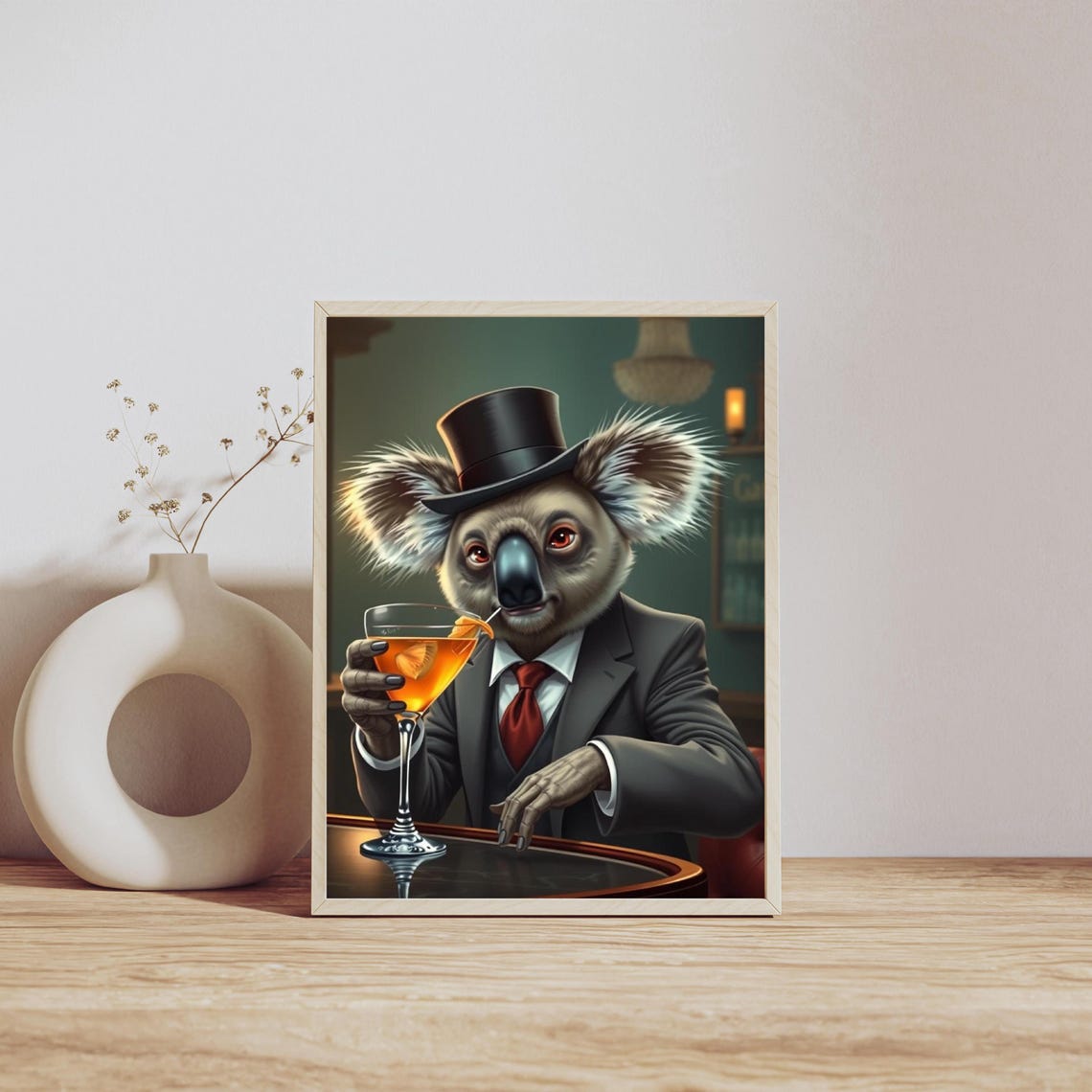 Dapper Koala At Cocktail Bar Stylish Animal Line Art Poster Black White For Elegant Wall Decor Instant - Image 3