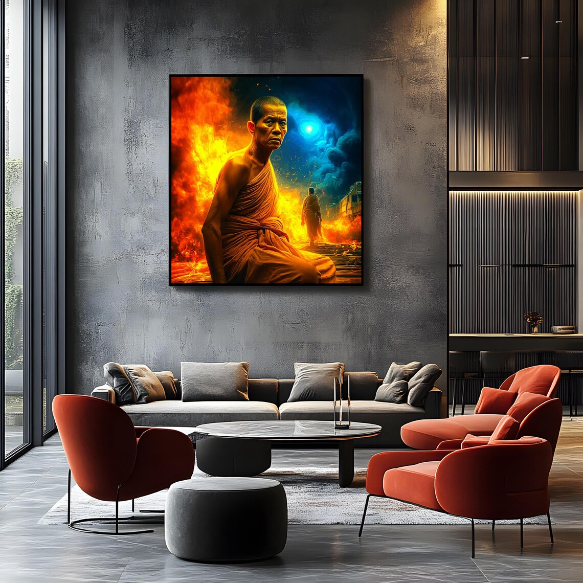 Meditating Monk Flame Aura Zen Mystical Buddhist Fire Temple Art Poster - Image 3