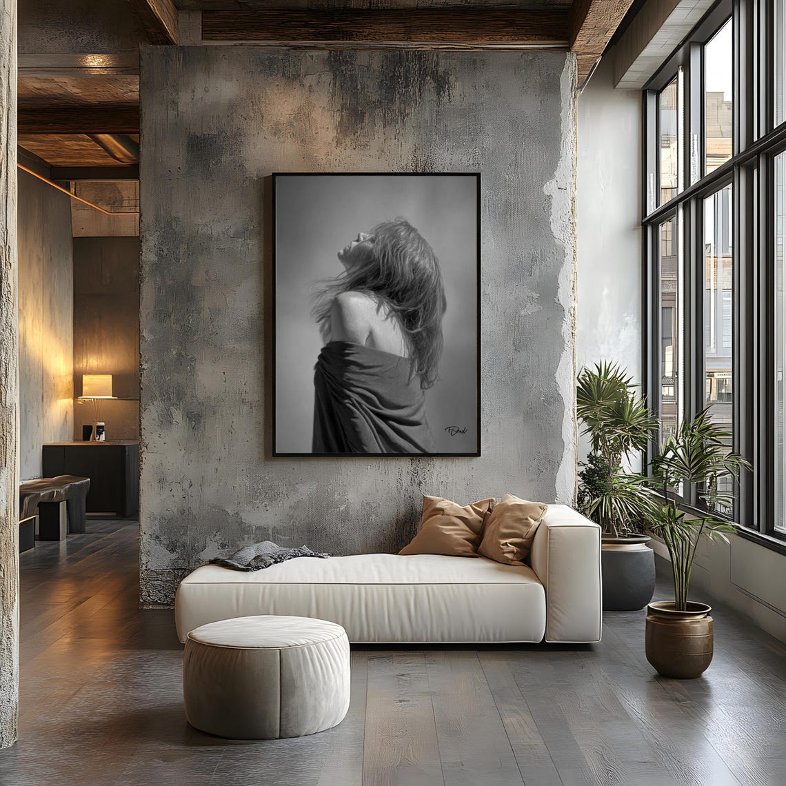 Grayscale Emotional Portrait Of Woman With Draped Shawl And Ethereal Expression Black White Artwork For Modern Spaces - Image 3