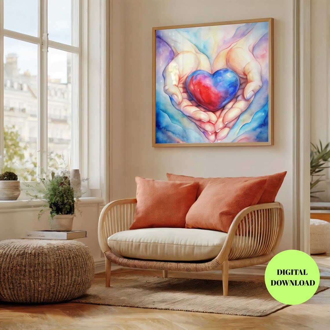 Watercolor Heart In Hands, Minimalist Love Gift For Mom